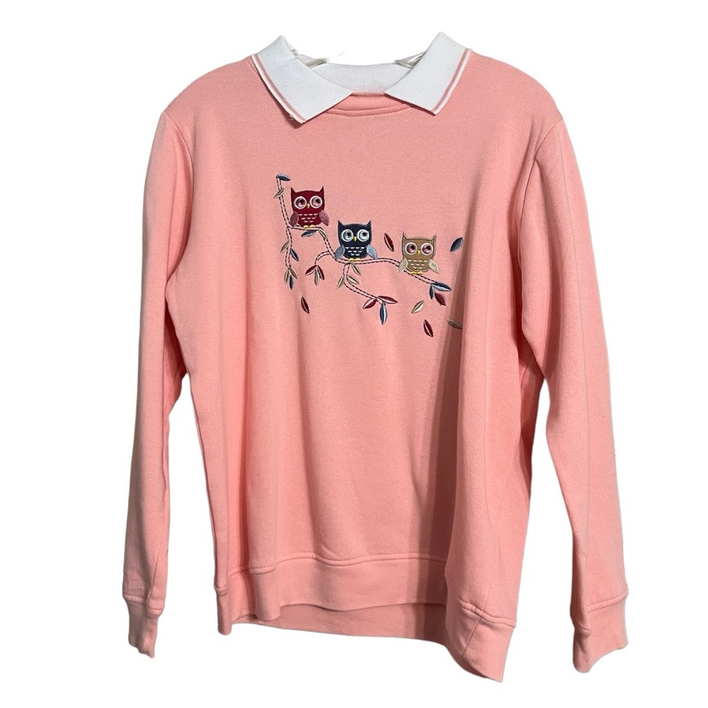 Vintage Adorable Peach Embroidered Owl Sweatshirt With White Collar Sz M EUC